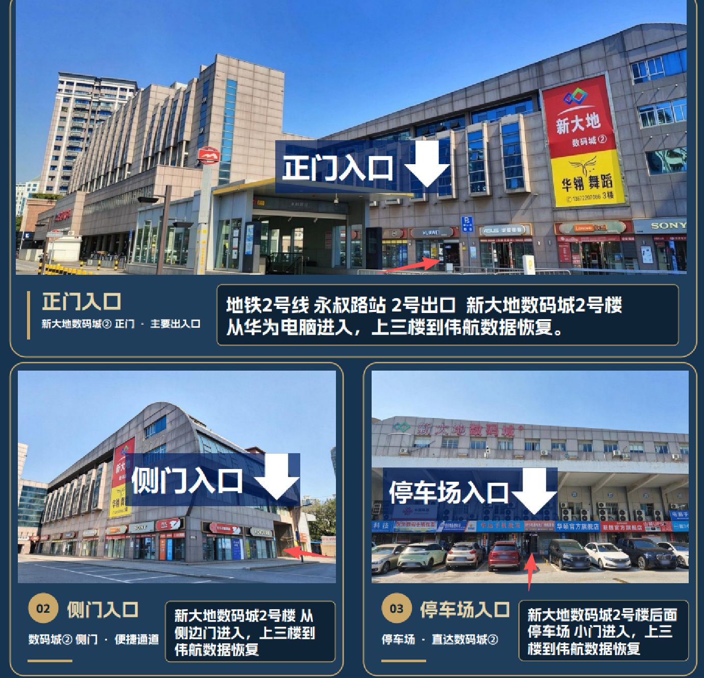 新大地数码城2号楼到店指引：正门入口、侧门入口、停车场入口前往伟航数据恢复